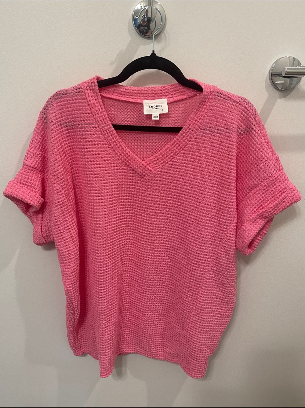Andree Bright Pink V-Neck Waffle Knit Top